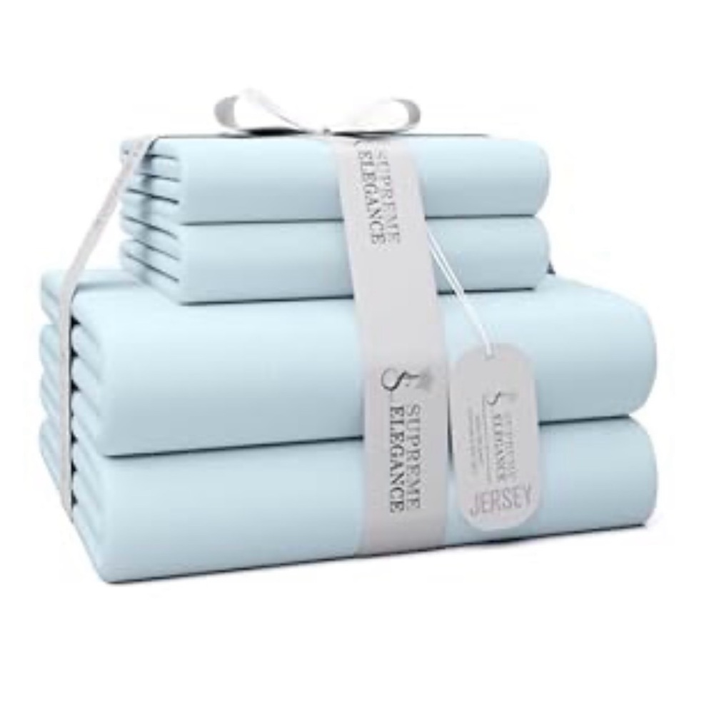 Supreme Elegance Light Blue Jersey Knit Queen Size Sheet Set New